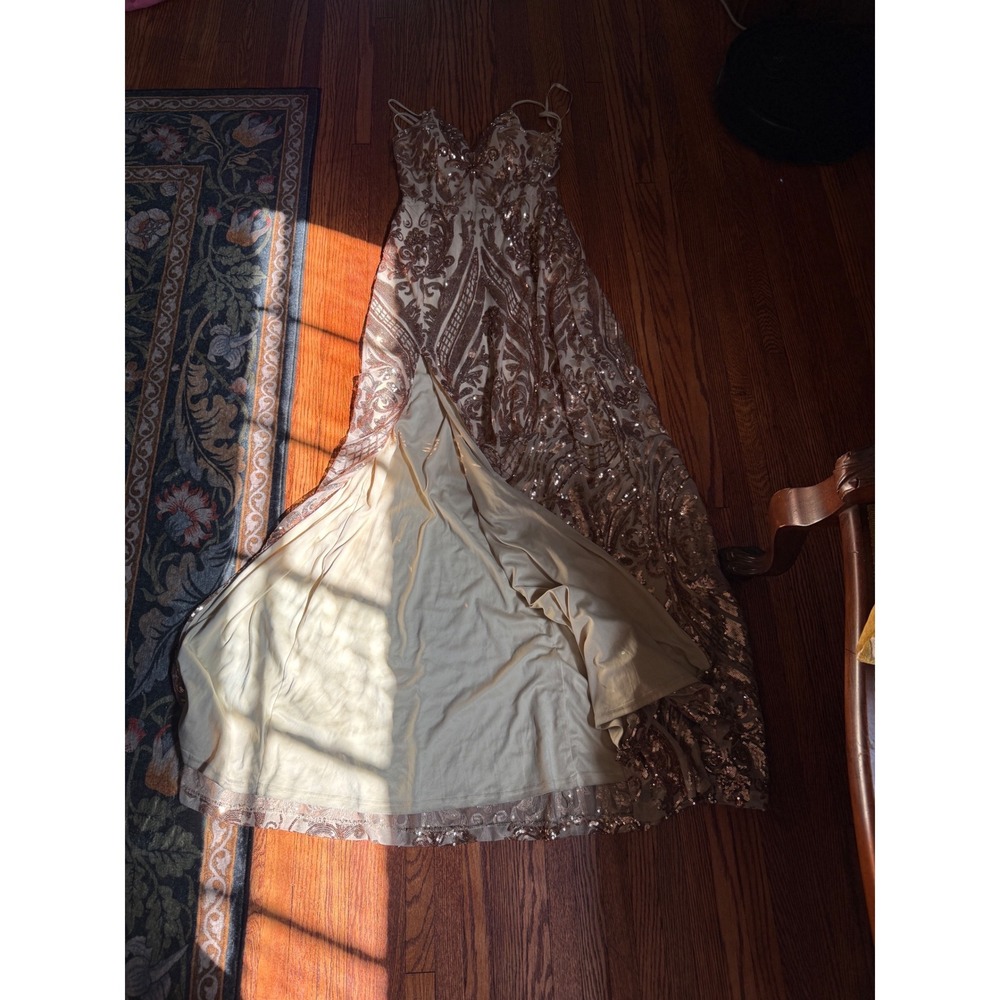 Windsor Rose Gold Sequin Double Slit Formal Gown Maxi Dress V-Neck Prom Gala SM - Picture 8 of 14